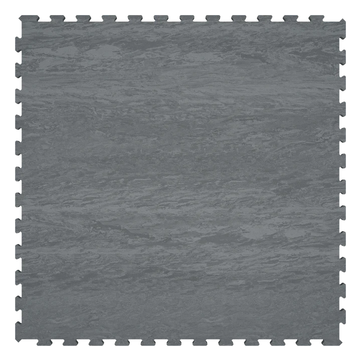 A square gray interlocking foam floor mat with a stone-textured pattern and interlocking tabs around the edges, shown on a plain white background.
