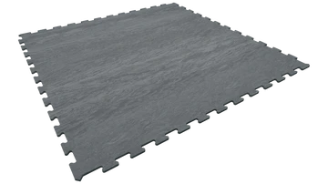 Dark gray interlocking foam floor tiles with a textured surface, shown at an angle on a white background.